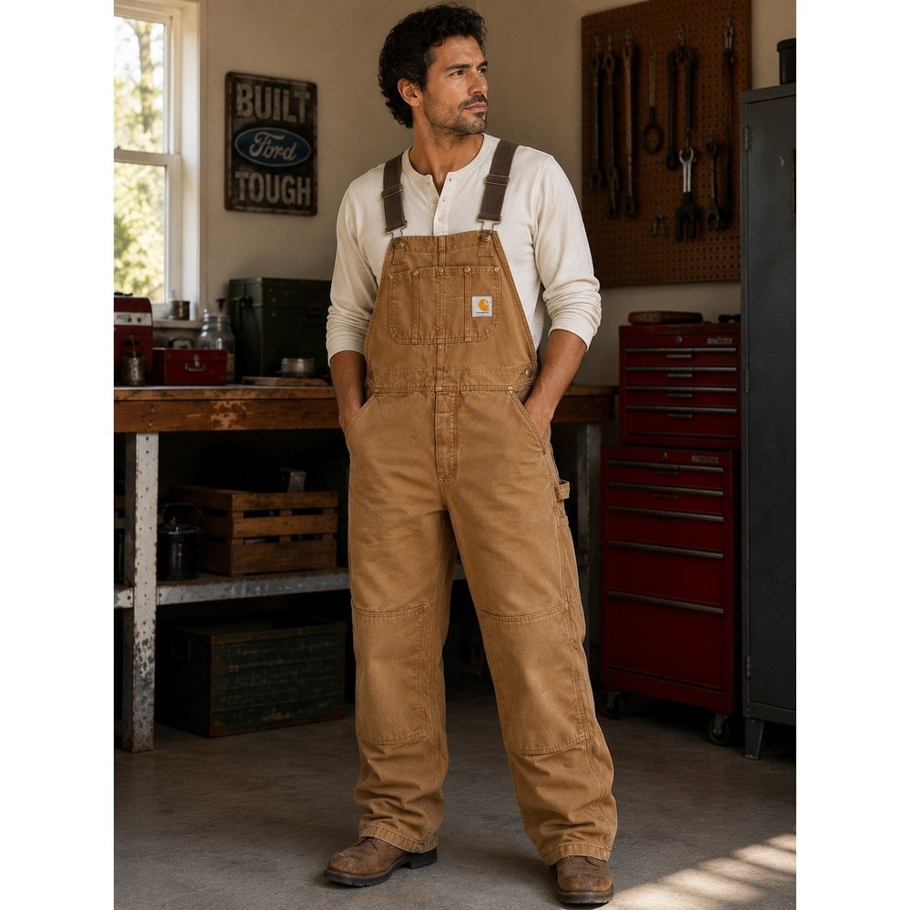 Carhartt Duck Bib Overalls Brown Double Front Work Dungaree R01 BRN Men 44x29